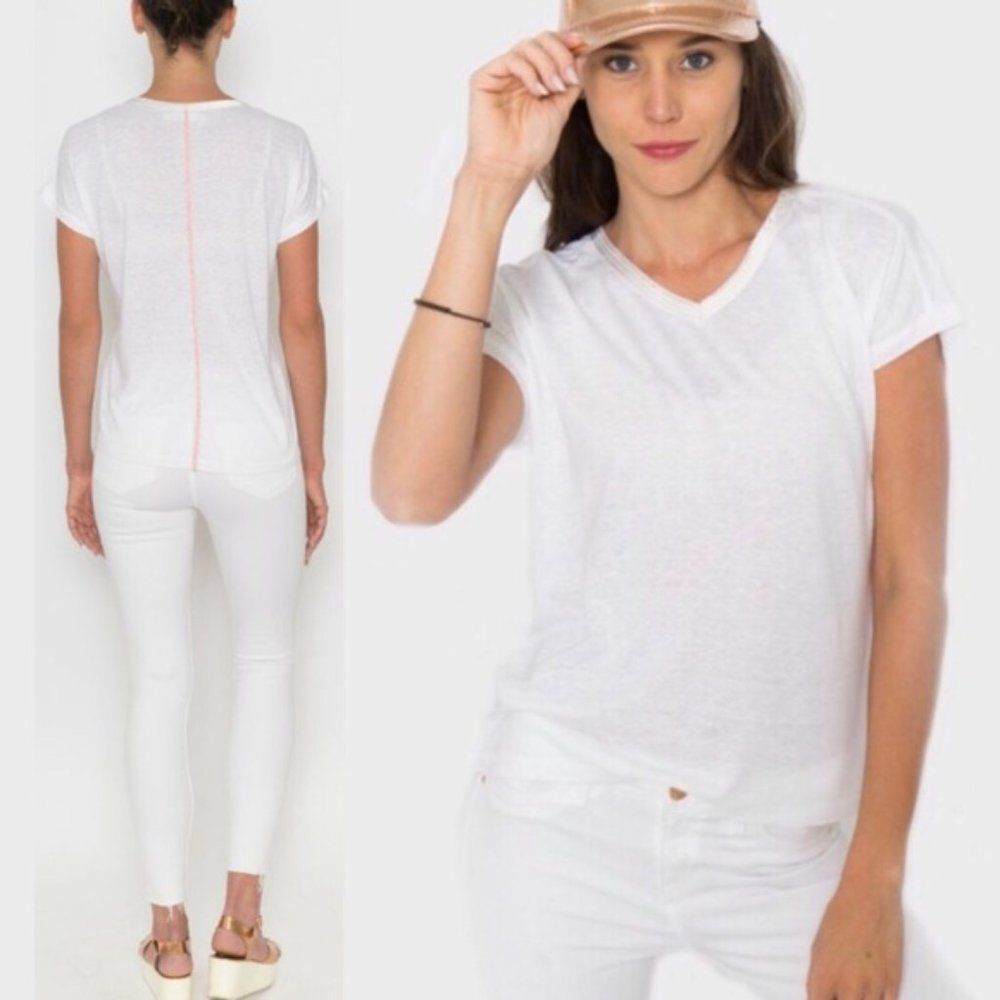 Sea Lily White Linen Cotton Coral Stitched Accent V-Neck Short Sleeve Top M